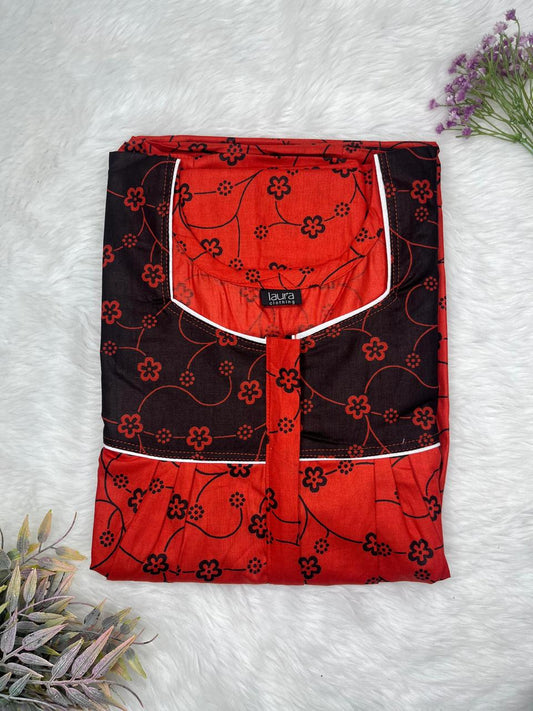 Onyx and Rosso Corsa Printed Mix N Match Square Neck Pleated Cotton Nighty With Centre -8″ Zip Short Sleeve Free Size (Suits for bra size 34″- 40″ | 54-56 inch length)