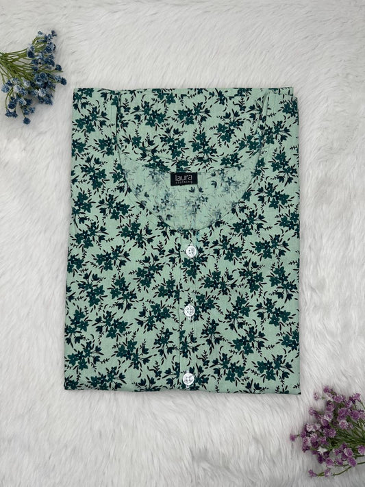 Cambridge Blue Printed Round Neck Pure Cotton Full Open Button Labour Room Nighty Free Size Short Sleeve (Suits for bra size 34″- 40″ | 54-56 inch length)