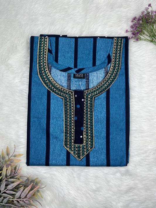 Medium Persian Blue Printed Normal Zip Embroidery Neck Pure Cotton Maternity Nighty Plus Size Short Sleeve (Suits for bra size 40″- 46″ | 54-56 inch length)