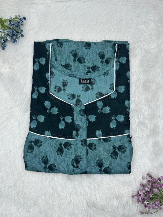 Teal Blue Printed Square Neck Pleated Pure Cotton Feeding Nighty With Two Side Vertical Zip and Single Centre Zip Free Size Short Sleeve (Suits for bra size 34″- 40″ | 54-56 inch length)