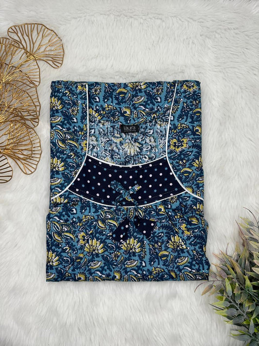 Rackley and Brass Floral Printed Square Neck No Zip Pleated Pure Cotton Nighty Free Size Short Sleeve (Suits for bra size 34″- 40″ | 54-56 inch length)