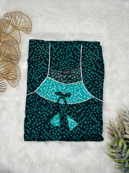 Onyx and Verdigris Floral Printed Square Neck No Zip Pleated Pure Cotton Nighty Free Size Short Sleeve (Suits for bra size 34″- 40″ | 54-56 inch length)