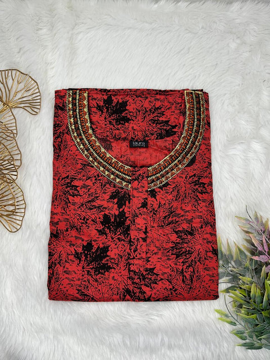 Pale Carmine Printed Normal Zip Pure Cotton Matching Neck Embroidery Feeding Nighty Free Size Short Sleeve (Suits for bra size 34″- 40″ | 54-56 inch length)