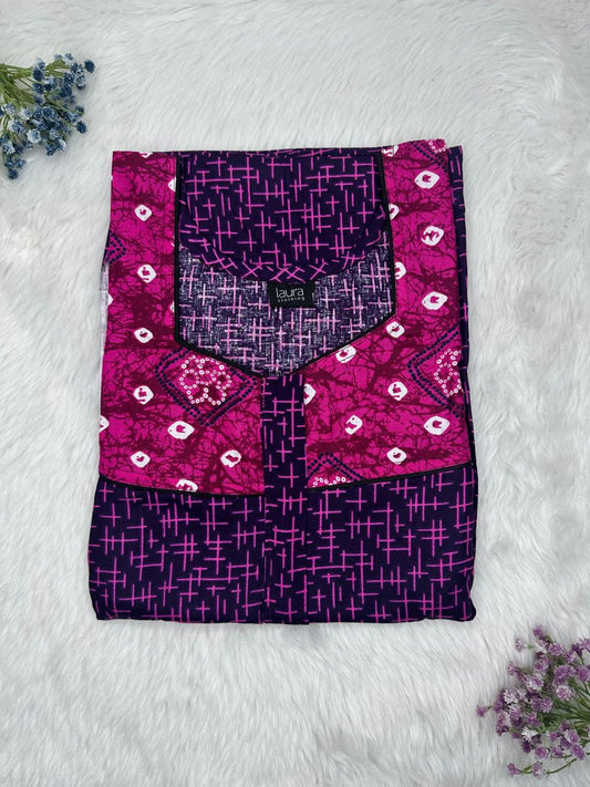 Persian Indigo Printed Square Neck Pleated Pure Cotton Feeding Nighty With Two Side Vertical Zip and Single Centre Zip Free Size Short Sleeve (Suits for bra size 34″- 40″ | 54-56 inch length)