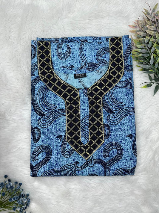 Carolina Blue and Onyx Printed Normal Zip Embroidery Neck Pure Cotton Maternity Nighty Plus Size Short Sleeve (Suits for bra size 40″- 46″ | 54-56 inch length)