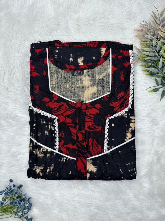 Onyx and Vivid Auburn Printed Square Neck Centre Long 12" Zip Pure Cotton Feeding Nighty Free Size Short Sleeve (Suits for bra size 34″- 40″ | 54-56 inch length)