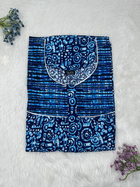 Cornflower Blue Printed Mix N Match Round Neck Pleated Cotton Nighty With Centre -8″ Zip Short Sleeve Free Size (Suits for bra size 34″- 40″ | 54-56 inch length )