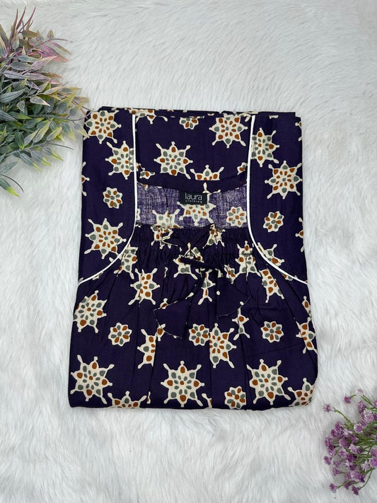 Dark Purple Printed Cotton Square Neck Elastic Pleated Nighty Free Size Short Sleeve (Suits for bra size 34″- 40″ | 54-56 inch length)