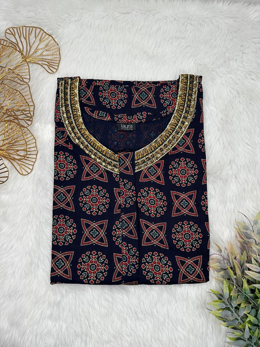 Oxford Blue Printed 12" Long Zip Pure Cotton Matching Neck Embroidery Feeding Nighty Free Size Short Sleeve (Suits for bra size 34″- 40″ | 54-56 inch length)