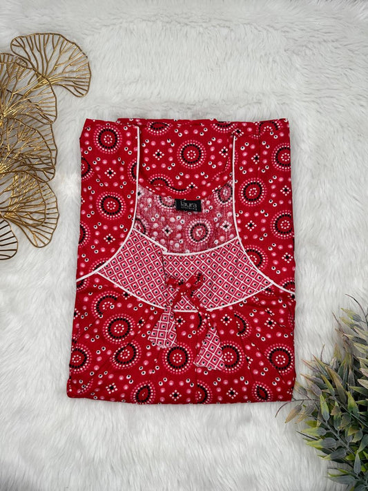 Dark Red Floral Printed Square Neck No Zip Pleated Pure Cotton Nighty Free Size Short Sleeve (Suits for bra size 34″- 40″ | 54-56 inch length)