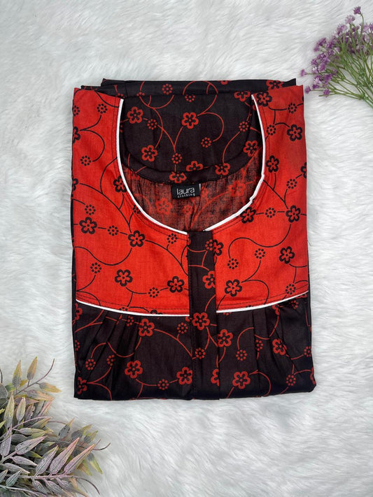 KU Crimson and Seal Brown Printed Mix N Match Square Neck Pleated Cotton Nighty With Centre -8″ Zip Short Sleeve Free Size (Suits for bra size 34″- 40″ | 54-56 inch length)