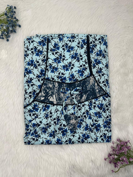 Pastel Blue Printed Front and Back Pleated Pure Cotton Nighty Free Size Short Sleeve (Suits for bra size 34″- 40″ | 54-56 inch length)