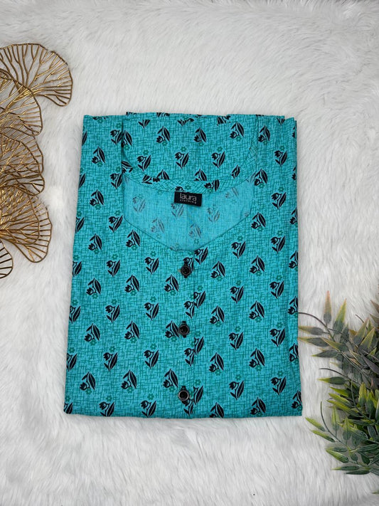 Cadet Blue Printed Square Neck Pure Cotton Full Open Button Labour Room Nighty Free Size Short Sleeve (Suits for bra size 34″- 40″ | 54-56 inch length)