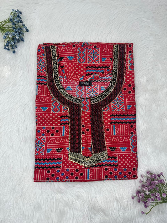 Red Brown Printed Normal Zip Pure Cotton Matching Neck Embroidery Nighty Free Size Short Sleeve (Suits for bra size 34″- 40″ | 54-56 inch length)