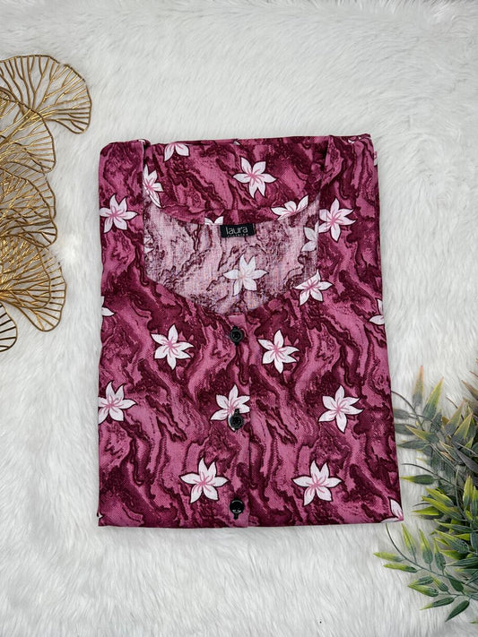 Dark Scarlet and Languid Lavender Printed Square Neck Pure Cotton Full Open Button Labour Room Nighty Free Size Short Sleeve (Suits for bra size 34″- 40″ | 54-56 inch length)