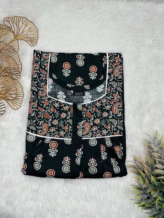 Dark Jungle Green and Xanadu Printed Mix N Match Square Neck Pleated Cotton Nighty With Centre -8″ Zip Short Sleeve Free Size (Suits for bra size 34″- 40″ | 54-56 inch length