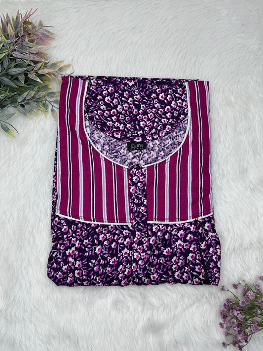 Pansy Purple and Byzantine Printed Round Neck Pleated Pure Cotton Feeding Nighty With Two Side Vertical Zip and Single Centre Zip Free Size Short Sleeve (Suits for bra size 34″- 40″ | 54-56 inch length)