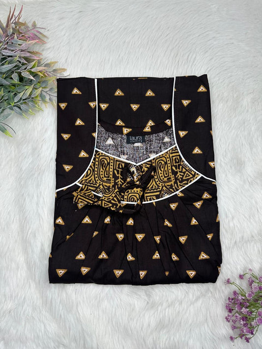 Smoky Black  Printed Square Neck No Zip Pleated Pure Cotton Nighty Free Size Short Sleeve (Suits for bra size 34″- 40″ | 54-56 inch length)
