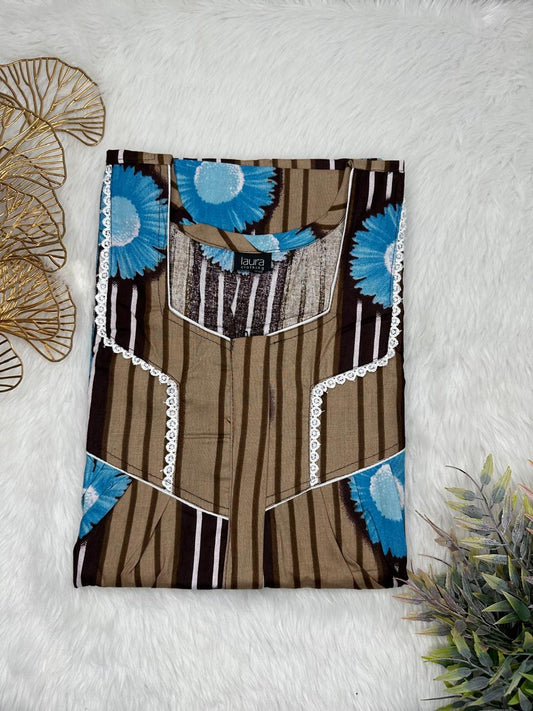 Shadow and Moonstone Blue Printed Square Neck Centre Long 12" Zip Pure Cotton Feeding Nighty Free Size Short Sleeve (Suits for bra size 34″- 40″ | 54-56 inch length)