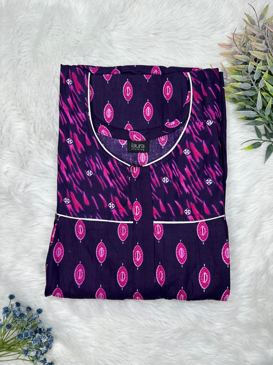 Persian Indigo and Fandango Printed Round Neck Pleated Pure Cotton Feeding Nighty With Two Side Vertical Zip and Single Centre Zip Free Size Short Sleeve (Suits for bra size 34″- 40″ | 54-56 inch length)