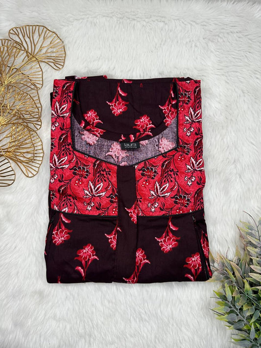 Smokey Black and Amaranth Printed Square Neck Pleated Pure Cotton Feeding Nighty With Two Side Vertical Zip and Single Centre Zip Free Size Short Sleeve (Suits for bra size 34″- 40″ | 54-56 inch length)