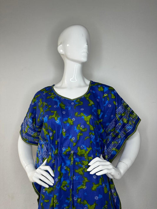 Royal Azure and Dark Olive Green printed Pure Cotton V-Neck Kaftan With Matching Border Lace And Adjustable Tie Free Size (Suits for bra size 34″- 40″) | 54-56 Inch Length