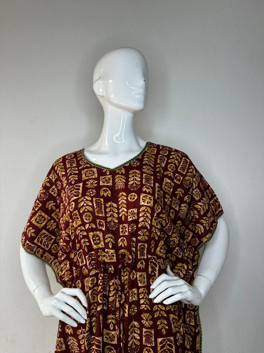 Pale Gold and Caput Mortuum printed Pure Cotton V-Neck Kaftan With Matching Border Lace And Adjustable Tie Free Size (Suits for bra size 34″- 40″) | 54-56 Inch Length