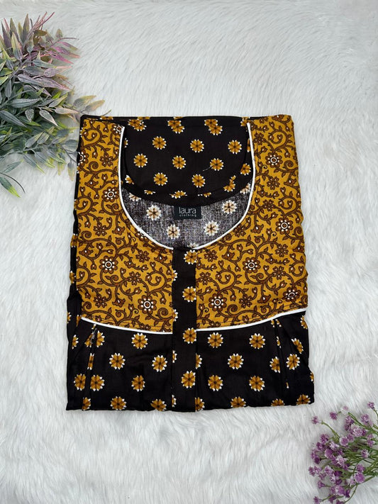 Dark Goldenrod and Onyx Printed Round Neck Pleated Pure Cotton Feeding Nighty With Two Side Vertical Zip and Single Centre Zip Free Size Short Sleeve (Suits for bra size 34″- 40″ | 54-56 inch length)