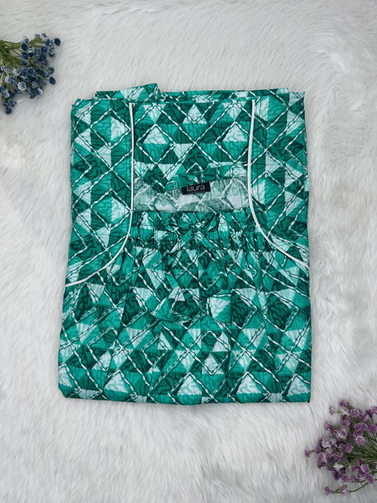 Dark Cyan Printed Cotton Square Neck Elastic Pleated Nighty Free Size Short Sleeve (Suits for bra size 34″- 40″ | 54-56 inch length)