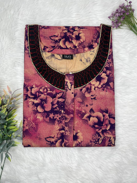 Rose Vale Printed 12" Long Zip Pure Cotton Matching Neck Embroidery Feeding Nighty Free Size Short Sleeve (Suits for bra size 34″- 40″ | 54-56 inch length)