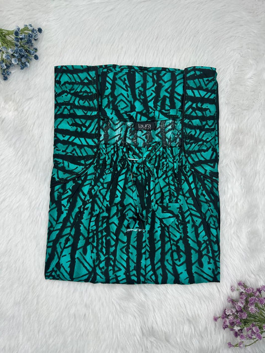 Deep Jungle Green Printed Cotton Square Neck Elastic Pleated Nighty Free Size Short Sleeve (Suits for bra size 34″- 40″ | 54-56 inch length)