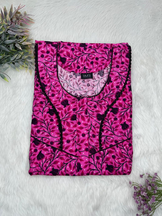 Royal Fuchsia Printed Round Neck Centre Long 12" Zip Pure Cotton Feeding Nighty Free Size Short Sleeve (Suits for bra size 34″- 40″ | 54-56 inch length)