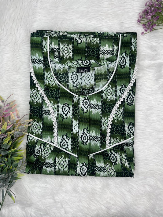 Dark Green Printed Round Neck Centre Long 12" Zip Pure Cotton Feeding Nighty Free Size Short Sleeve (Suits for bra size 34″- 40″ | 54-56 inch length)