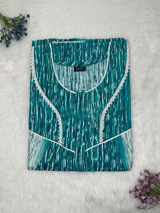 Skobeloff Printed Round Neck Centre Long 12" Zip Pure Cotton Feeding Nighty Free Size Short Sleeve (Suits for bra size 34″- 40″ | 54-56 inch length)