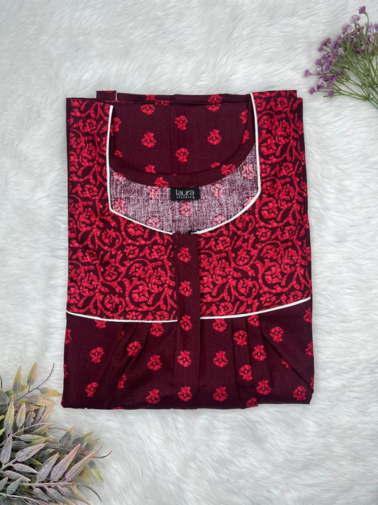 Rich Carmine and Dark Sienna Printed Mix N Match Square Neck Pleated Cotton Nighty With Centre -8″ Zip Short Sleeve Free Size (Suits for bra size 34″- 40″ | 54-56 inch length)