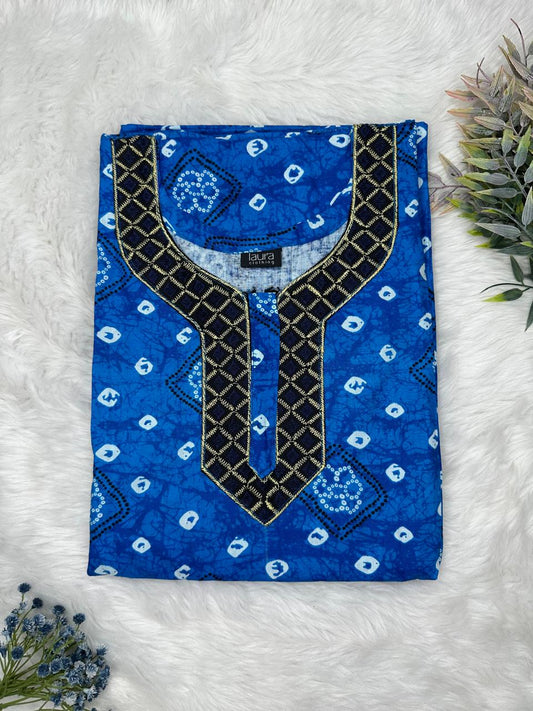 Medium Teal Blue Printed Normal Zip Pure Cotton Matching Neck Embroidery Nighty Free Size Short Sleeve (Suits for bra size 34″- 40″ | 54-56 inch length)