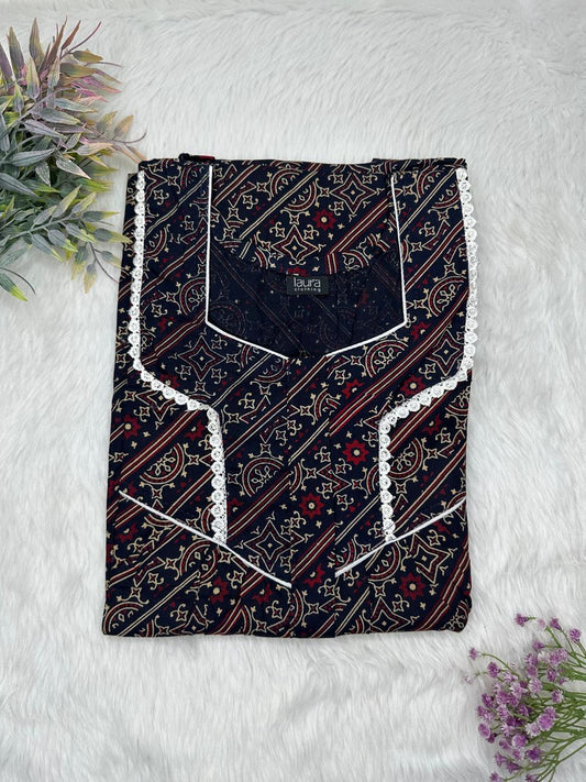 Onyx and Dark Scarlet Printed Square Neck Centre Long 12" Zip Pure Cotton Feeding Nighty Free Size Short Sleeve (Suits for bra size 34″- 40″ | 54-56 inch length)