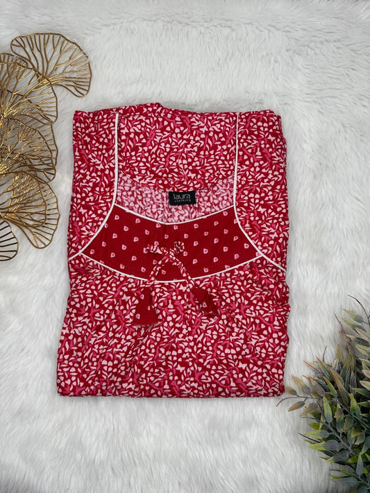 Vivid Auburn Floral Printed Square Neck No Zip Pleated Pure Cotton Nighty Free Size Short Sleeve (Suits for bra size 34″- 40″ | 54-56 inch length)