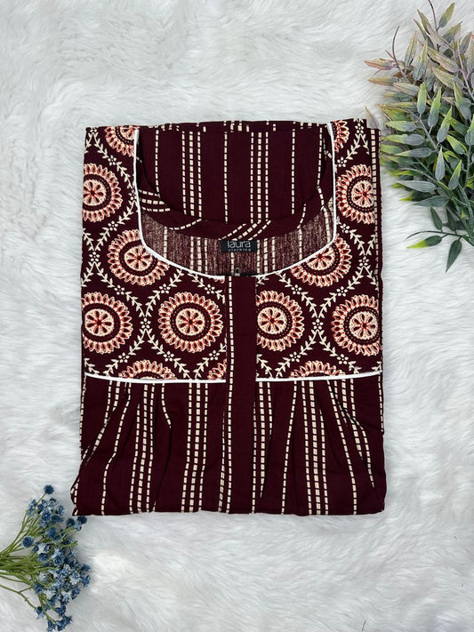 Seal Brown and Almond Printed Mix N Match Square Neck Pleated Cotton Nighty With Centre -8″ Zip Short Sleeve Free Size (Suits for bra size 34″- 40″ | 54-56 inch length )