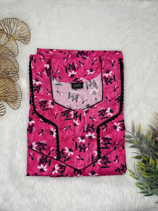 Deep carmine Printed Square Neck Normal Zip Pure Cotton Nighty Free Size Short Sleeve (Suits for bra size 34″- 40″ | 54-56 inch length)