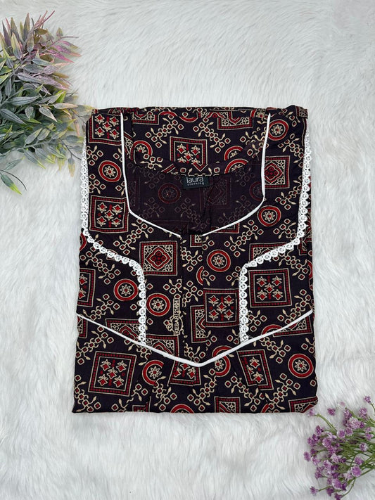 Zinnwaldite Brown Printed Square Neck Normal Zip Pure Cotton Nighty Free Size Short Sleeve (Suits for bra size 34″- 40″ | 54-56 inch length)