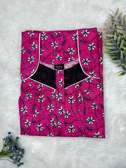 Vivid Cerise Printed Square Neck No Zip Pleated Pure Cotton Nighty Free Size Short Sleeve (Suits for bra size 34″- 40″ | 54-56 inch length)