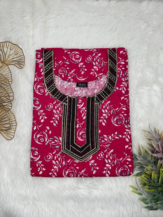 Vivid Burgundy Printed Normal Zip Pure Cotton Matching Neck Embroidery Feeding Nighty Free Size Short Sleeve (Suits for bra size 34″- 40″ | 54-56 inch length)