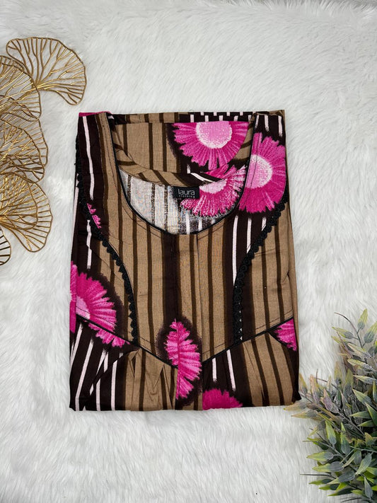 Light Taupe Printed Round Neck Centre Long 12" Zip Pure Cotton Feeding Nighty Free Size Short Sleeve (Suits for bra size 34″- 40″ | 54-56 inch length)