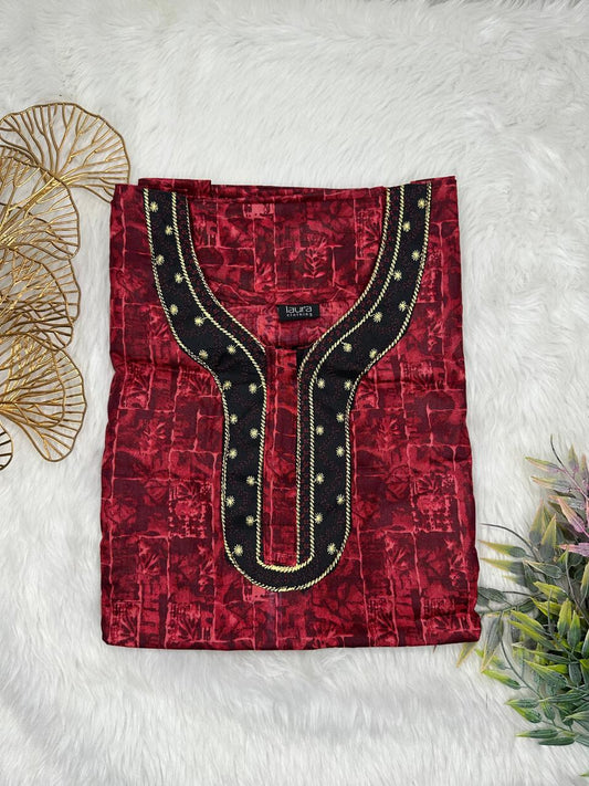 Dark Terra Cotta Printed Normal Zip Embroidery Neck Pure Cotton Maternity Nighty Plus Size Short Sleeve (Suits for bra size 40″- 46″ | 54-56 inch length)