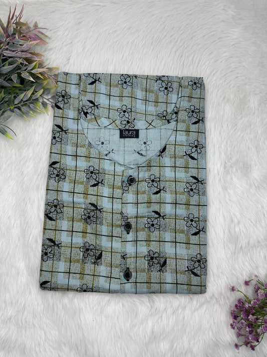 Dim Gray and Cadet Grey Printed Round Neck Pure Cotton Full Open Button Labour Room Nighty Free Size Short Sleeve (Suits for bra size 34″- 40″ | 54-56 inch length)