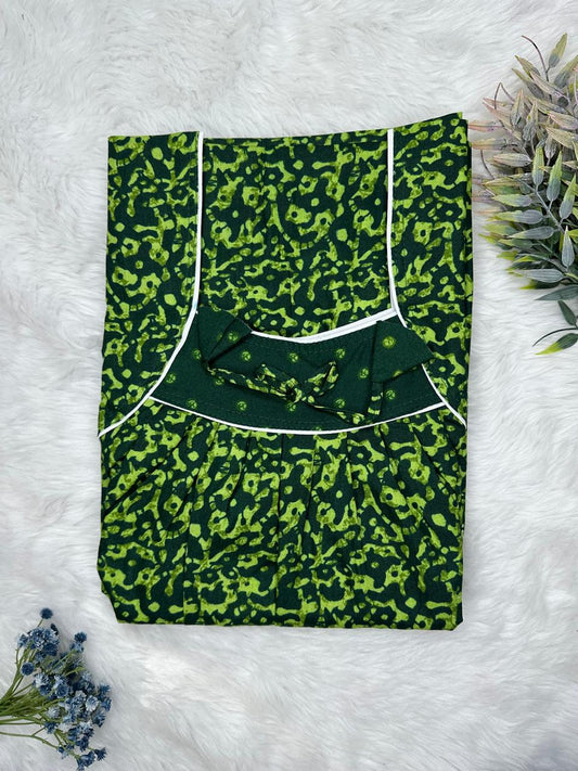 Yellow Green and Phthalo Green Printed Front and Pleated Pure Cotton Nighty Free Size Short Sleeve (Suits for bra size 34″- 40″ | 54-56 inch length)