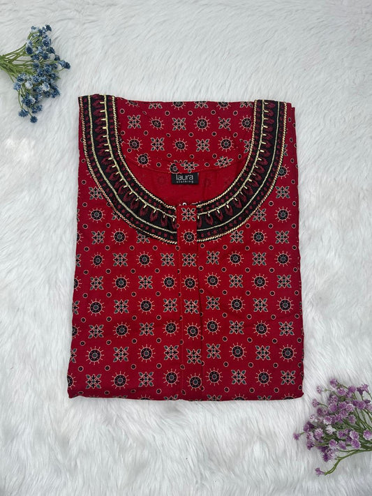 UP Maroon Printed 12" Long Zip Matching Embroidery Neck Pure Cotton Feeding Nighty Plus Size Short Sleeve (Suits for bra size 40″- 46″ | 54"-56" inch length)