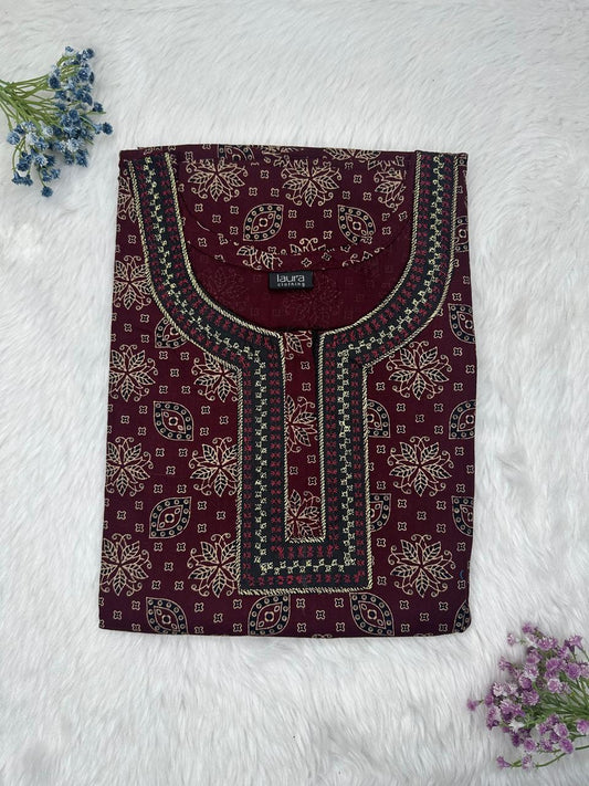 Seal Brown Printed Normal Zip Embroidery Neck Pure Cotton Nighty Plus Size Short Sleeve (Suits for bra size 40″- 46″ | 54-56 inch length)