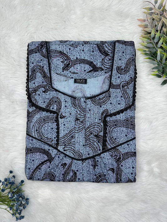 Light Slate Gray Printed Square Neck Normal Zip Pure Cotton Nighty Free Size Short Sleeve (Suits for bra size 34″- 40″ | 54-56 inch length)